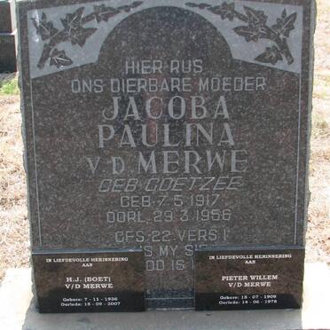 MERWE Pieter Willem, v.d. 1909-1978 :: V.D. MERWE Jacoba Paulina nee COETZEE 1917-1956