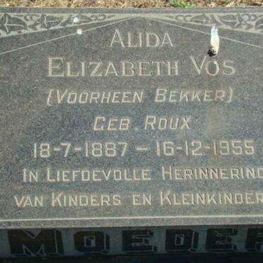 VOS Alida Elizabeth formerly BEKKER nee ROUX 1887-1955