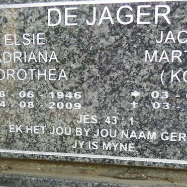 JAGER Jacobus Marthinus, de 1937-2012 &amp; Elsie Adriana Dorothea 1946-2009