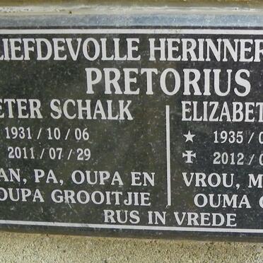 PRETORIUS Pieter Schalk 1931-2011 &amp; Elizabeth Cathrina 1935-2012