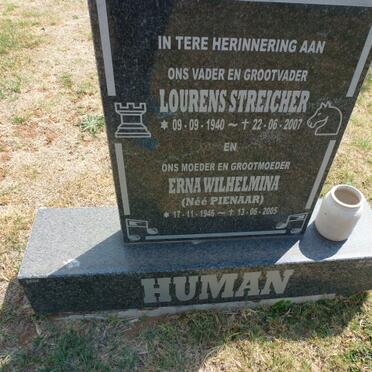 HUMAN Lourens Streicher 1940-2007 &amp; Erna Wilhelmina PIENAAR 1946-2005