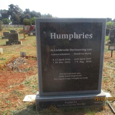 HUMPHRIES Gideon Johannes 1936-2012 &amp; Hendrina Maria 1949-2018