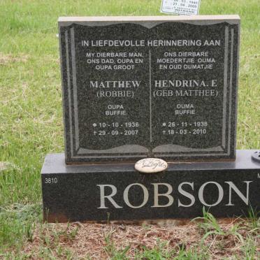 ROBSON Matthew 1936-2007 &amp; Hendrina E. MATTHEE 1938-2010