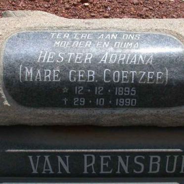 RENSBURG Hester Adriana, van voorheen MARÉ nee COETZEE 1895-1990