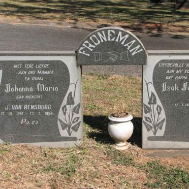 FRONEMAN Izak Johannes 1912-1974 &amp; Johanna Maria VAN NIEKERK formerly J VAN RENSBURG 1914-1994