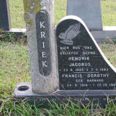 KRIEK Hendrik Jacobus 1905-1983 &amp; Francis Dorothy BARNARD 1918-1995