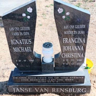 RENSBURG Ignatius Michael, Janse van 1940- & Francina Johanna Christina 1946-2013
