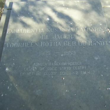 JAGER Emmarentia Susanna Catharina, de voorheen BOTHA nee DU RANDT 1865-1959