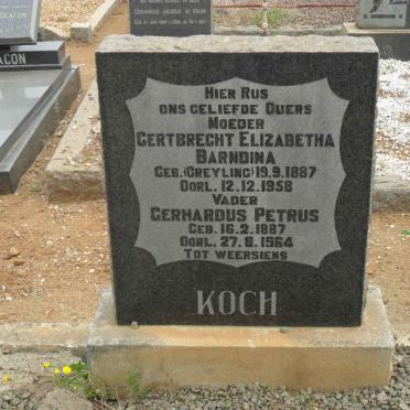 KOCH Gerhardus Petrus 1887-1964 &amp; Gertbrecht Elizabetha Barndina GREYLING 1887-1958