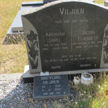 VILJOEN Abraham Carel 1892-1969 &amp; Jacoba Elizabeth GREYLING 1899-1988 :: VILJOEN Greyling 1936-2003