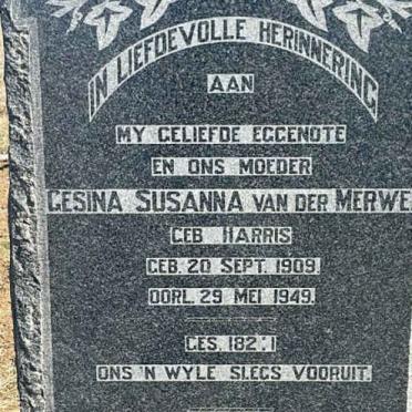 MERWE Gesina Susanna, van der nee HARRIS 1909-1949 