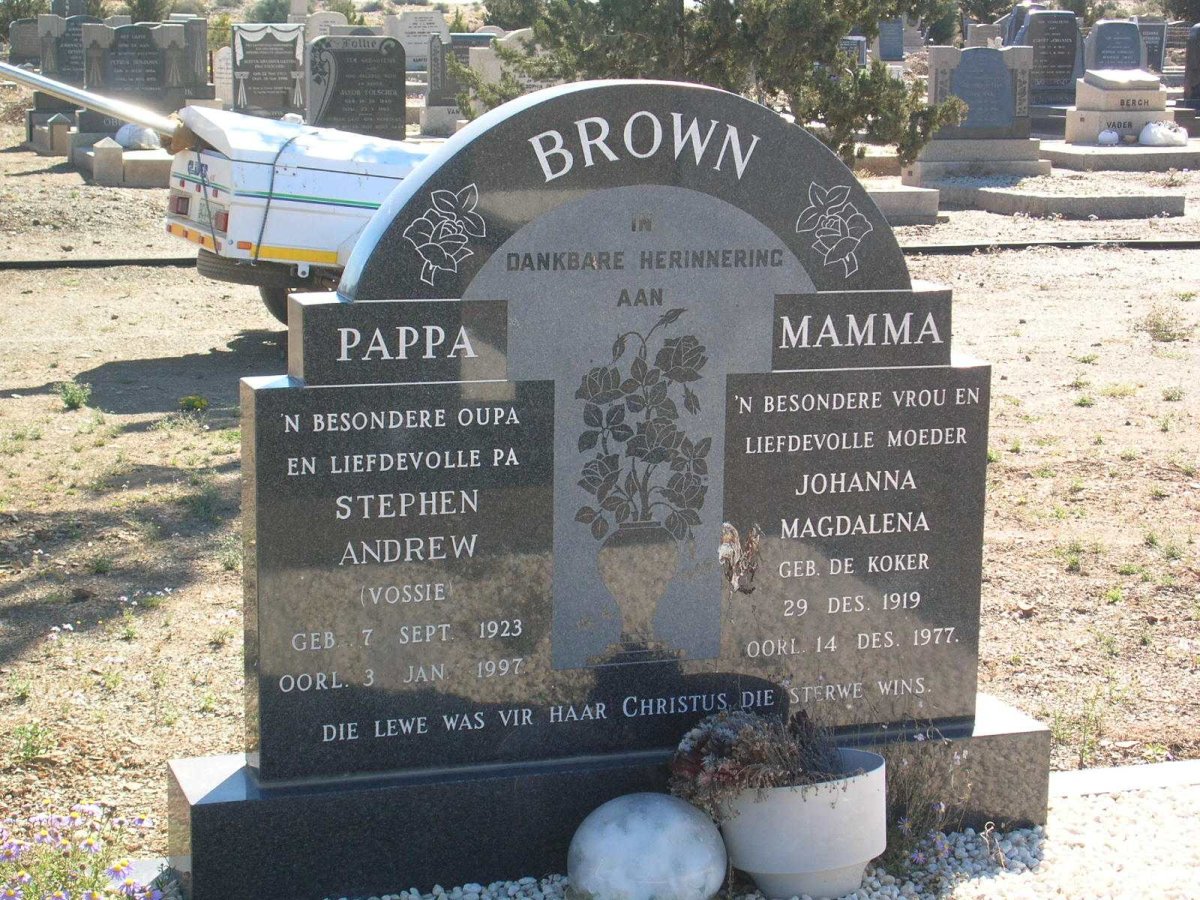 BROWN Stephen Andrew 1923-1997 & Johanna Magdalena DE KOKER 1919-1977