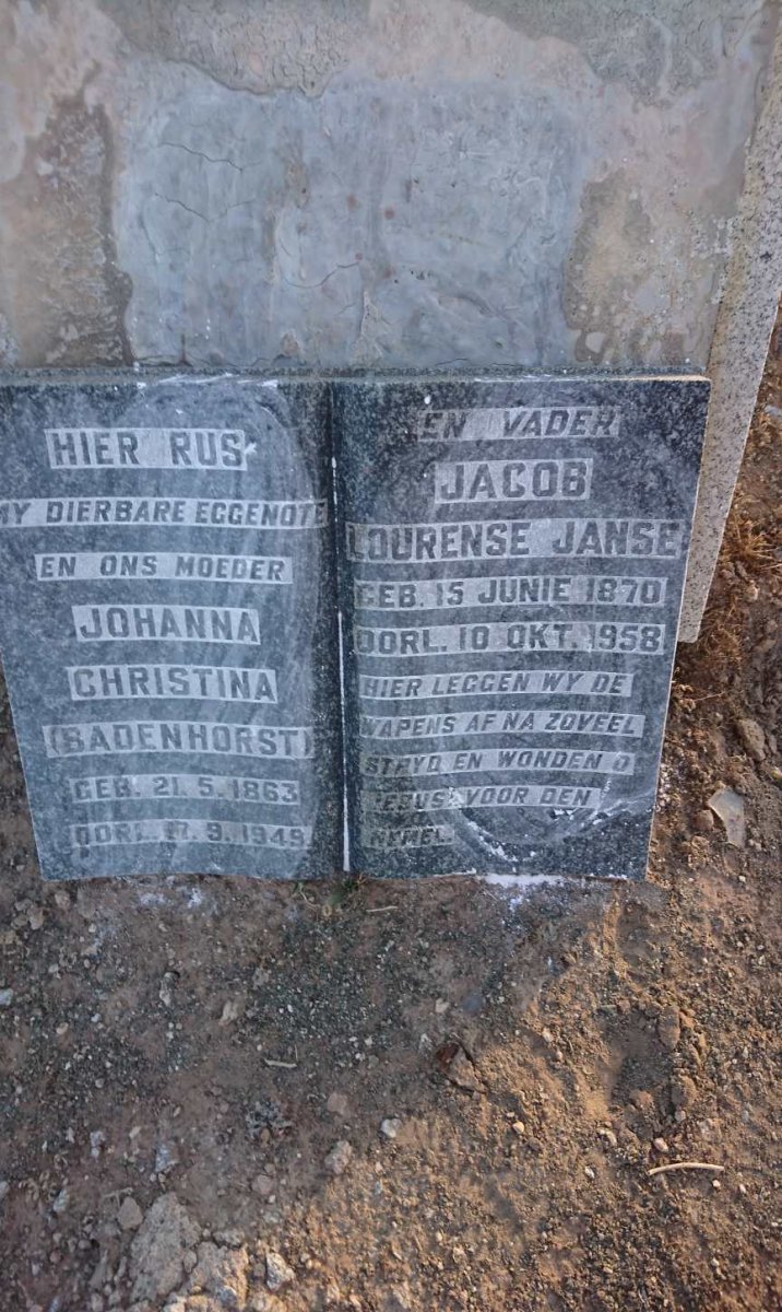 ? Jacob Lourense Janse 1870-1958 & Johanna Christina BADENHORST 1863-1949