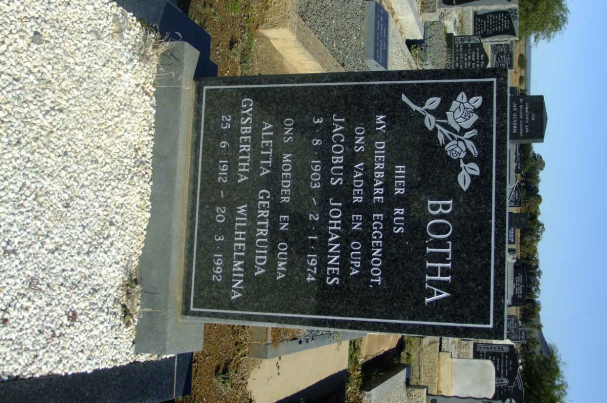 BOTHA Jacobus Johannes 1903-1974 & Aletta Gertruida Gysbertha Wilhelmina 1912-1992