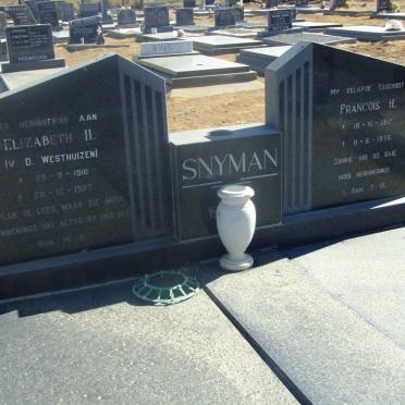 SNYMAN Francois H. 1912-1976 &amp; Elizabeth H. V.D. WESTHUIZEN 1910-1987