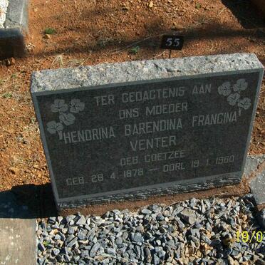 VENTER Hendrina Barendina Francina nee COETZEE 1878-1960