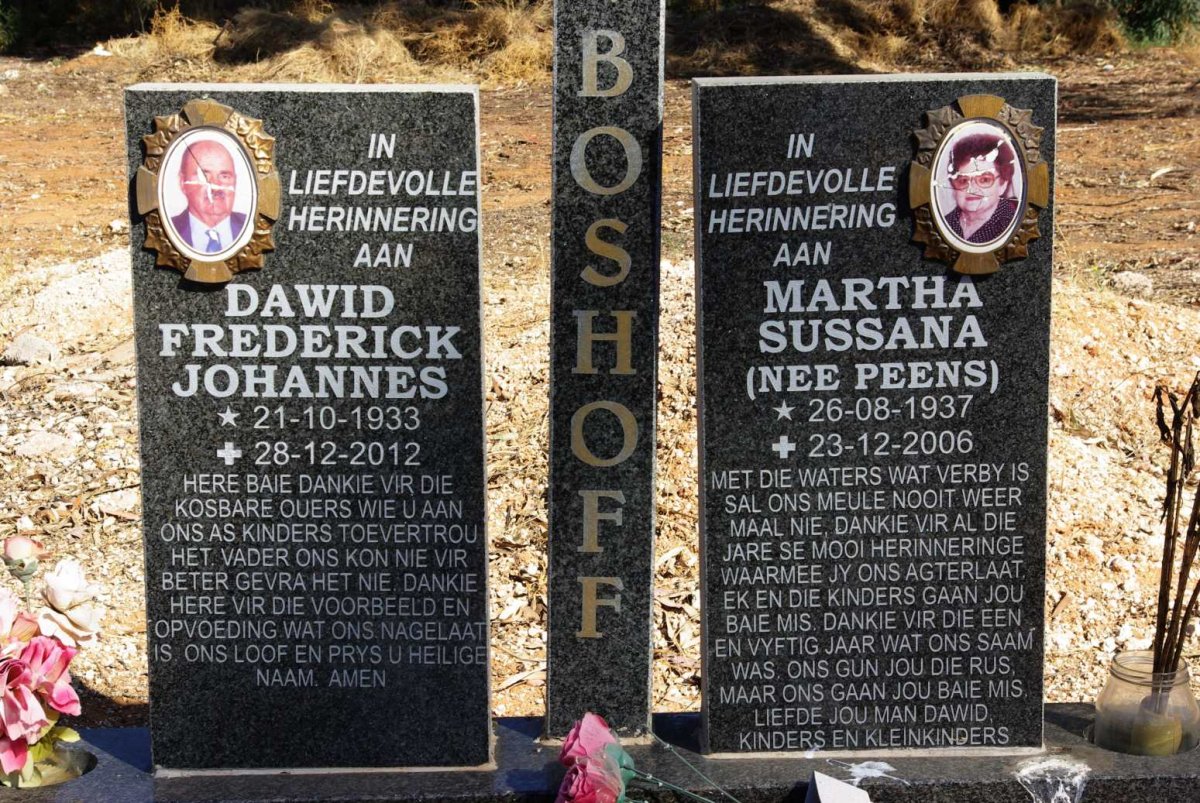BOSHOFF Dawid Frederick Johannes 1933-2012 & Martha Sussana PEENS 1937-2006
