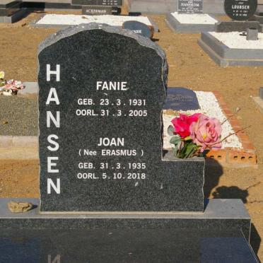 HANSEN Fanie 1931-2005 &amp; Joan ERASMUS 1935-2018