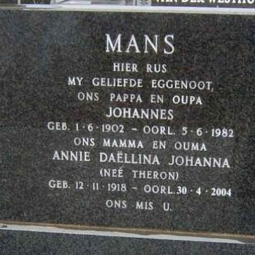 MANS Johannes 1902-1982 &amp; Annie Daellina Johanna THERON 1918-2004