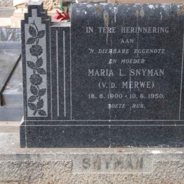 SNYMAN Maria L. nee V.D. MERWE 1900-1950