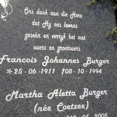 BURGER Francois Johannes 1911-1994 &amp; Martha Aletta COETZEE 1915-2005