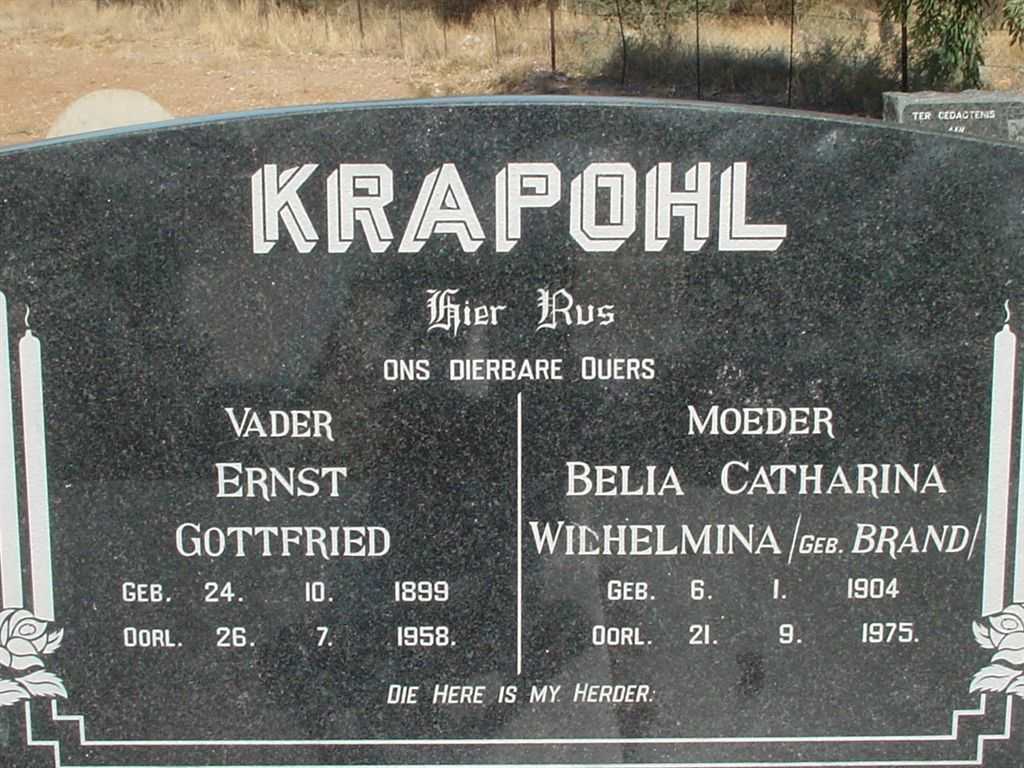 KRAPOHL Ernst Gottfried 1899-1958 &amp; Belia Catharina Wilhelmina BRAND 1904-1975