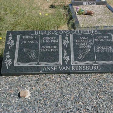 RENSBURG Theunis Johannes, Janse van 1904-1975 &amp; Anna Elizabeth Christina DIQUE 1906-1979