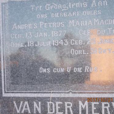 MERWE Andries Petrus, van der 1877-1943 &amp; Maria Magdalena DU TOIT 1877-1942