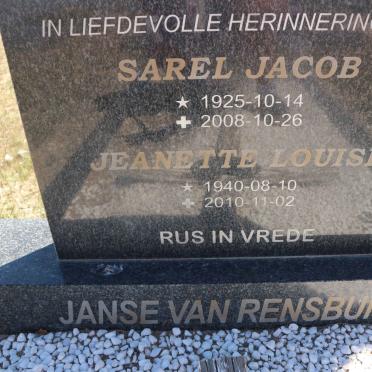 RENSBURG Sarel Jacob, Janse van 1925-2008 &amp; Jeanette Louise 1940-2010