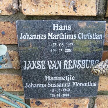 RENSBURG Johannes Marthinus Christian, Janse van 1927-2010 & Johanna Sussanna Florentina 1940-2020