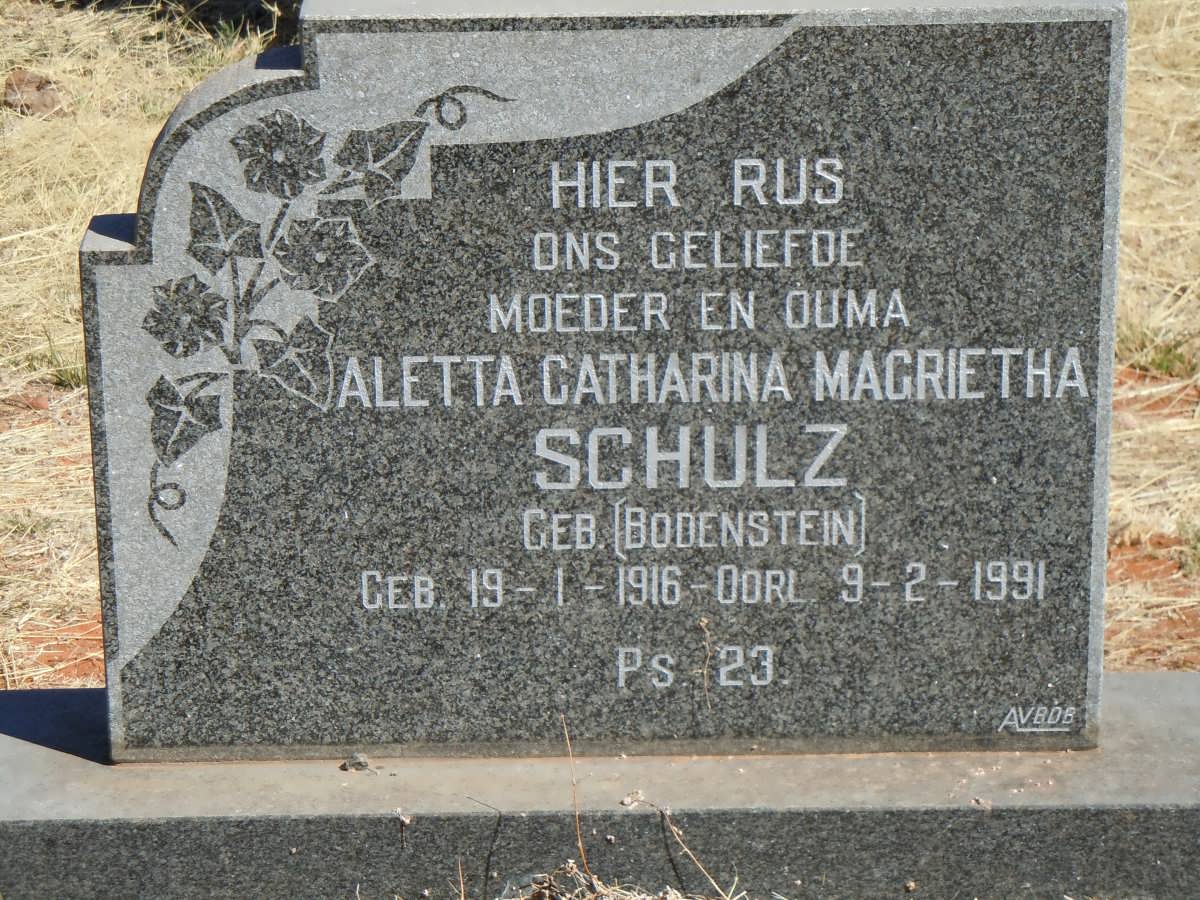 SCHULZ Aletta Catharina Magrietha nee BODENSTEIN 1916-1991