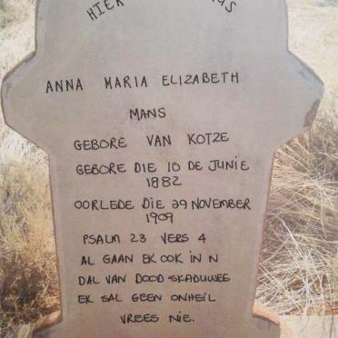 MANS Anna Maria Elizabeth nee KOTZE 1882-1909