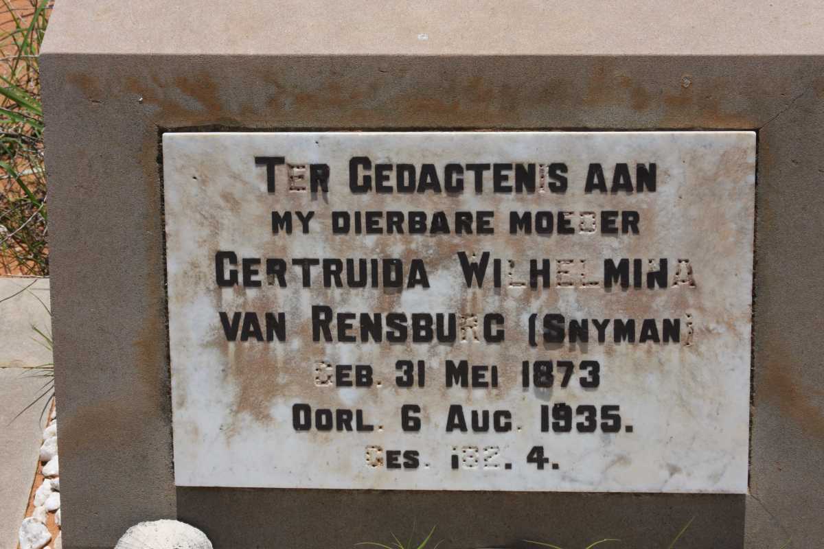 RENSBURG Gertruida Wilhelmina, van nee SNYMAN 1873-1935