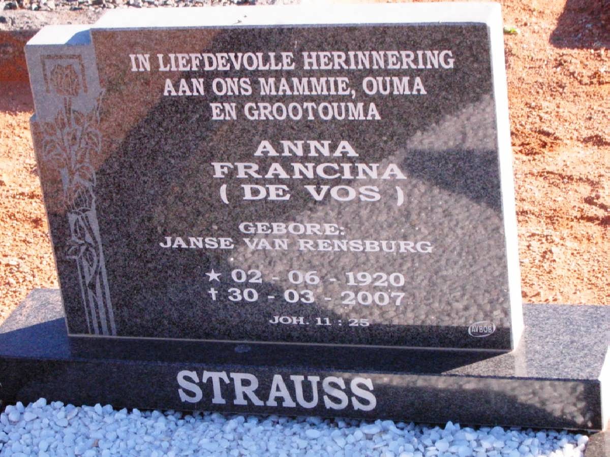 STRAUSS Anna Francina formerly DE VOS nee JANSE VAN RENSBURG 1920-2007