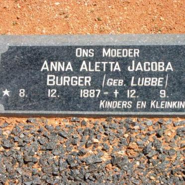BURGER Anna Aletta Jacoba nee LUBBE 1887-1968