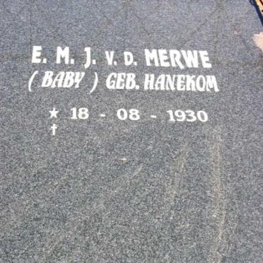 MERWE E.M.J., v.d. nee HANEKOM 1930-