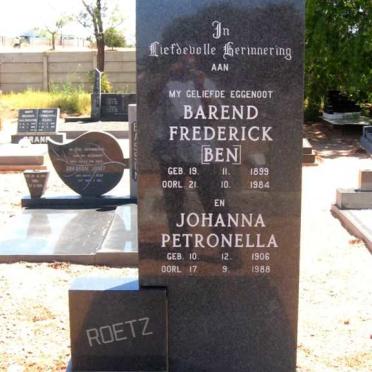 ROETZ Barend Frederick 1899-1984 &amp; Johanna Petronella 1906-1988