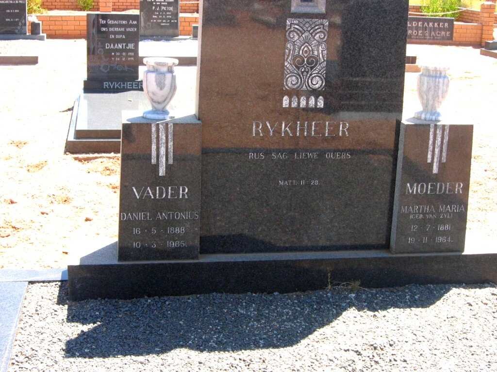 RYKHEER Daniel Antonius 1888-1965 &amp; Martha Maria VAN ZYL 1881-1964