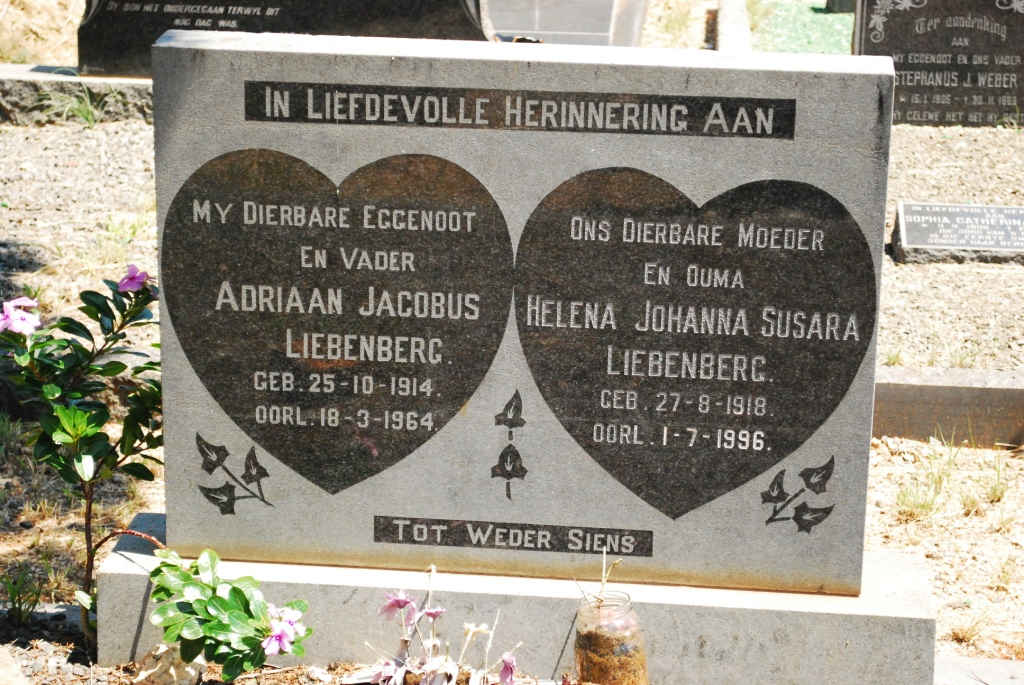 LIEBENBERG Adriaan Jacobus 1914-1964 & Helena Johanna Susara 1918-1996