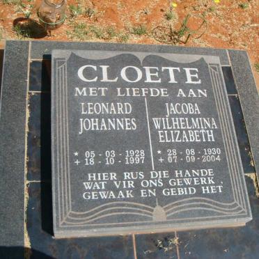 CLOETE Leonard Johannes 1928-1997 &amp; Jacoba Wilhelmina Elizabeth 1930-2004