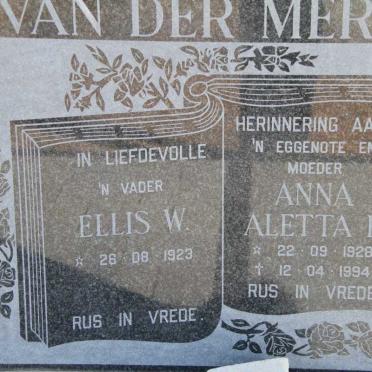 MERWE Ellis W., van der 1923- &amp; Anna Aletta E. 1928-1994