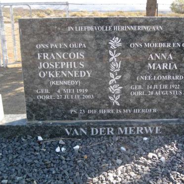 MERWE Francois Josephus O'Kennedy, van der 1919-2003 &amp; Anna Maria LOMBARD 1922-2001