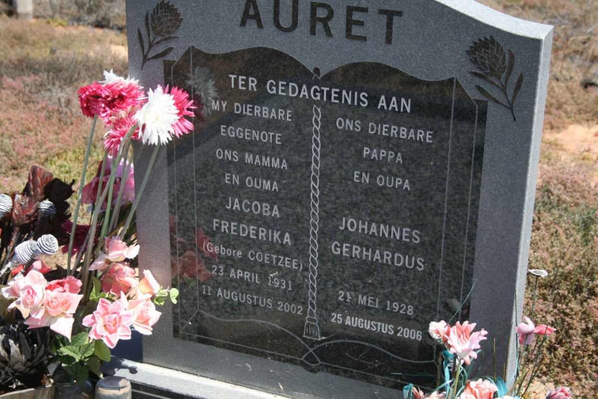 AURET Johannes Gerhardus 1928-2006 & Jacoba Frederika COETZEE 1931-2002