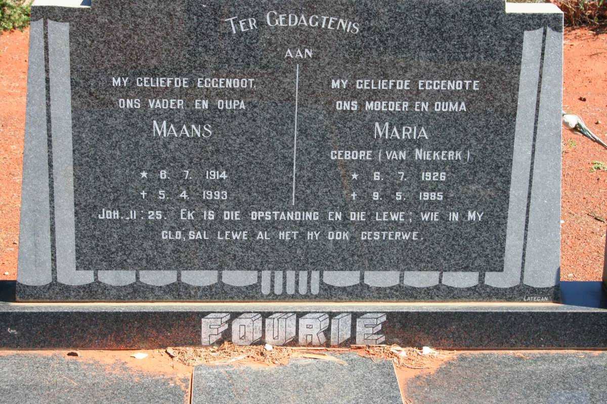 FOURIE Maans 1914-1993 & Maria VAN NIEKERK 1926-1985
