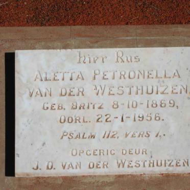 WESTHUIZEN Aletta Petronella, van der nee BRITZ 1869-1956