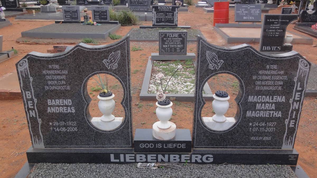 LIEBENBERG Barend Andreas 1922-2006 & Magdalena Maria Magrietha 1927-2001