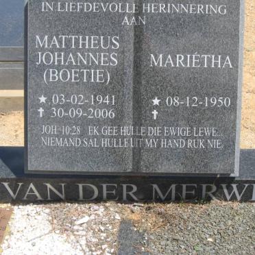 MERWE Mattheus Johannes, van der 1941-2006 &amp; Marietha 1950-