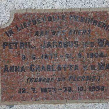 WALT Petrus Jacobus, v.d. 1873-1904 &amp; Anna Charlotta DU PLESSIS 1873-1936