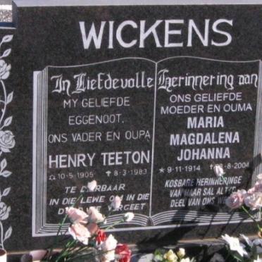 WICKENS Henry Teeton 1905-1983 &amp; Maria Magdalena Johanna 1914-2004