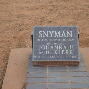 SNYMAN Johanna H. nee DE KLERK 1920-1956